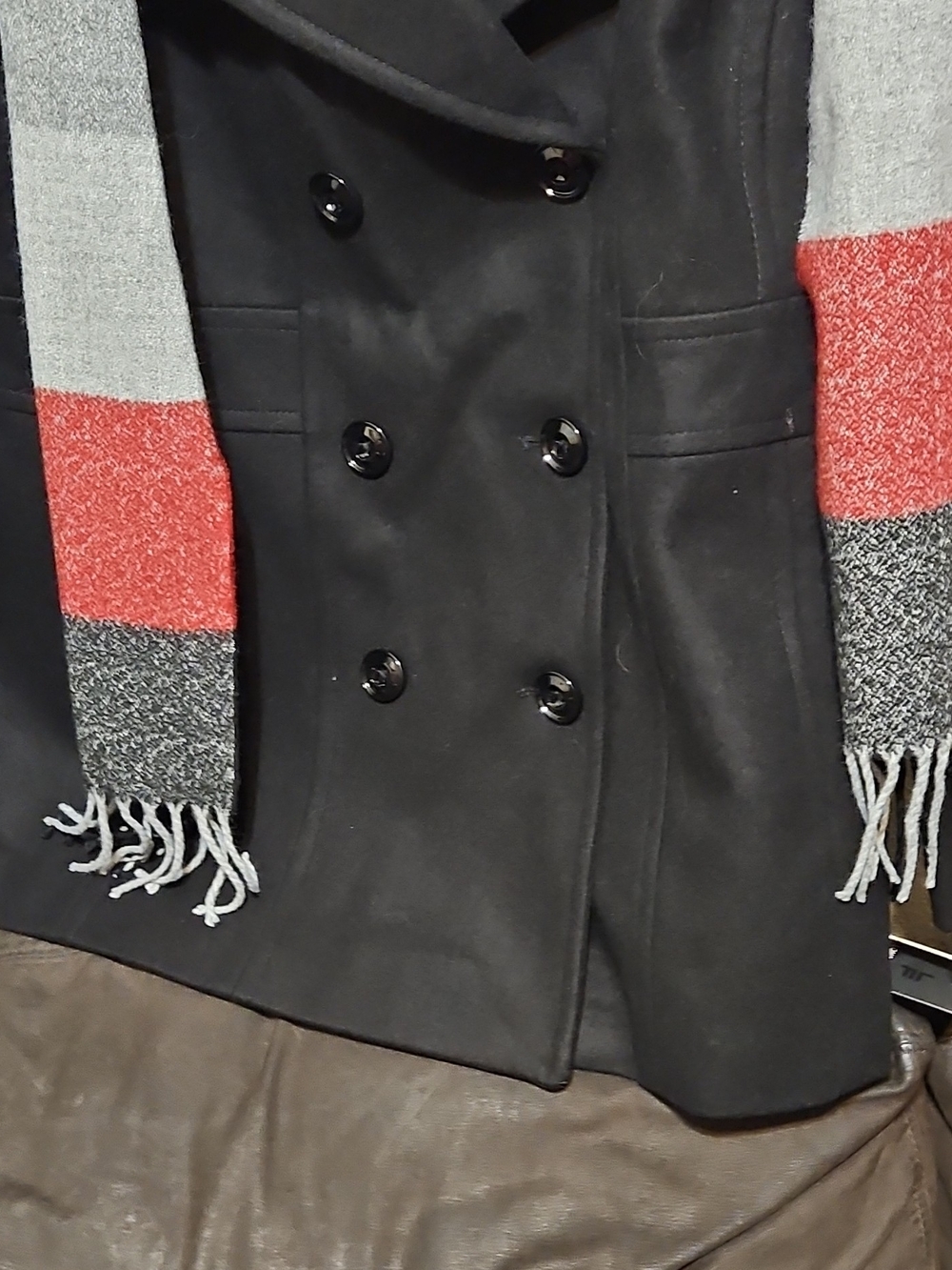 London Fog Black Double-Breasted Peacoat with Red and Gray Striped Scarf - Picture 3 of 9